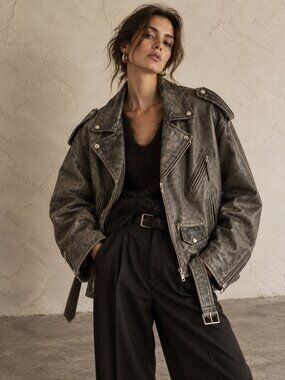 Vintage 80s Leather Motorcycle Jacket Grey Distressed Oversized